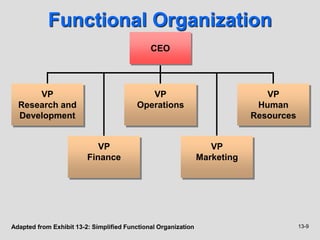 13-9
Functional Organization
Adapted from Exhibit 13-2: Simplified Functional Organization
VP
Research and
Development
VP
Research and
Development
VP
Operations
VP
Human
Resources
VP
Finance
VP
Marketing
CEO
 