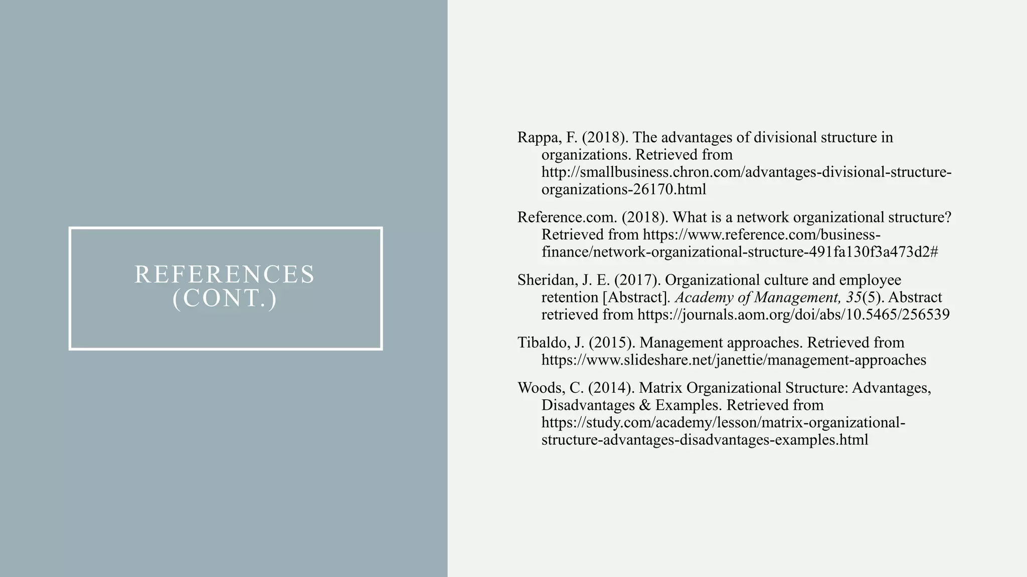REFERENCES
(CONT.)
Rappa, F. (2018). The advantages of divisional structure in
organizations. Retrieved from
http://smallbusiness.chron.com/advantages-divisional-structure-
organizations-26170.html
Reference.com. (2018). What is a network organizational structure?
Retrieved from https://www.reference.com/business-
finance/network-organizational-structure-491fa130f3a473d2#
Sheridan, J. E. (2017). Organizational culture and employee
retention [Abstract]. Academy of Management, 35(5). Abstract
retrieved from https://journals.aom.org/doi/abs/10.5465/256539
Tibaldo, J. (2015). Management approaches. Retrieved from
https://www.slideshare.net/janettie/management-approaches
Woods, C. (2014). Matrix Organizational Structure: Advantages,
Disadvantages & Examples. Retrieved from
https://study.com/academy/lesson/matrix-organizational-
structure-advantages-disadvantages-examples.html
 
