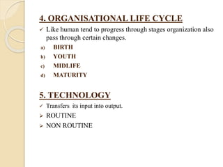 4. ORGANISATIONAL LIFE CYCLE
 Like human tend to progress through stages organization also
pass through certain changes.
a) BIRTH
b) YOUTH
c) MIDLIFE
d) MATURITY
5. TECHNOLOGY
 Transfers its input into output.
 ROUTINE
 NON ROUTINE
 
