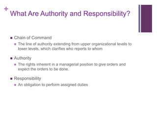 +
    What Are Authority and Responsibility?


       Chain of Command
           The line of authority extending from upper organizational levels to
            lower levels, which clarifies who reports to whom

       Authority
           The rights inherent in a managerial position to give orders and
            expect the orders to be done.

       Responsibility
           An obligation to perform assigned duties
 