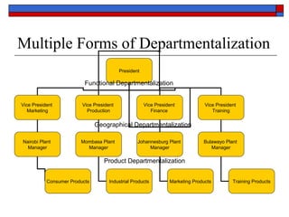 Multiple Forms of Departmentalization
President
Vice President
Marketing
Vice President
Production
Vice President
Finance
Vice President
Training
Nairobi Plant
Manager
Mombasa Plant
Manager
Johannesburg Plant
Manager
Bulawayo Plant
Manager
Training ProductsMarketing ProductsIndustrial ProductsConsumer Products
Functional Departmentalization
Geographical Departmentalization
Product Departmentalization
 