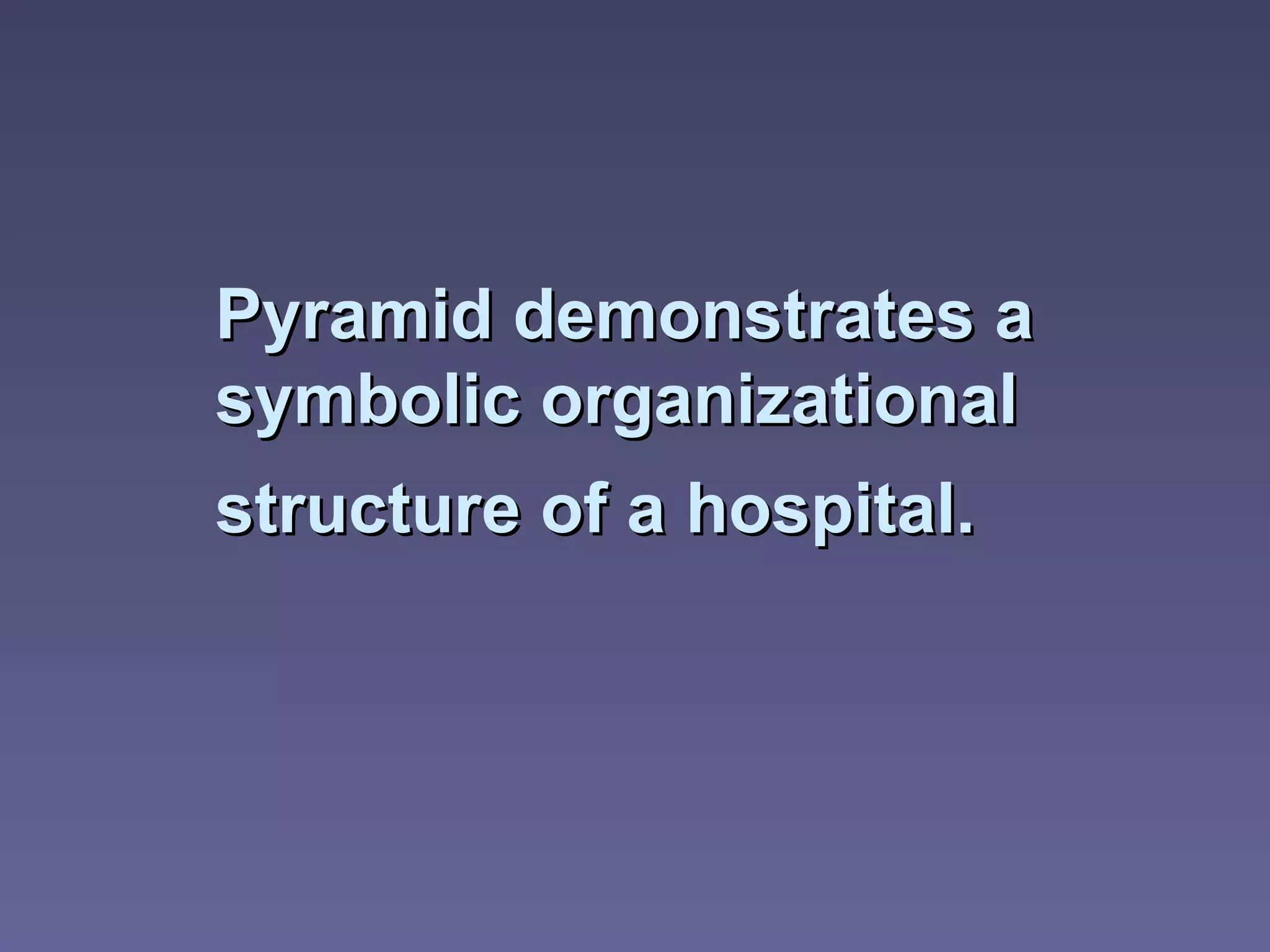 Pyramid demonstrates a
symbolic organizational
structure of a hospital.
 