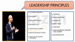 LEADERSHIP PRINCIPLES
 CUSTOMER OBSESSION
 OWNERSHIP
 INVENT AND SIMPLIFY
 ARE RIGHT, A LOT
 LEARN AND BE CURIOUS
 HIRE AND DEVELOP THE BEST
 INSIST ON THE HIGHEST
STANDARDS
 THINK BIG
 BIAS FOR ACTION
 FRUGALITY
 EARN TRUST
 DIVE DEEP
 HAVE BACKBONE; DISAGREE
AND COMMIT
 DELIVER RESULTS
 
