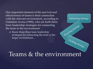 One important element of the survival and
effectiveness of teams is their connection
with the relevant environment, accord...