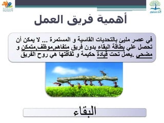 ‫العمل‬ ‫فريق‬ ‫أهمية‬
‫المستمرة‬ ‫و‬ ‫القاسية‬ ‫بالتحديات‬ ‫مليئ‬ ‫عصر‬ ‫في‬
...
‫أن‬ ‫يمكن‬ ‫ال‬
‫علي‬ ‫تحصل‬
‫البقاء‬ ‫بطاقة‬
‫فريق‬ ‫بدون‬
‫متفاهم‬
,
‫موظف‬
,
‫متمكن‬
‫و‬
‫مضحي‬
.
‫تحت‬ ‫يعمل‬
‫قيادة‬
‫الفريق‬ ‫روح‬ ‫هي‬ ‫ثقافتها‬ ‫و‬ ‫حكيمة‬
‫البقاء‬
 