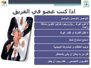 ‫الفريق‬ ‫في‬ ‫عضو‬ ‫كنت‬ ‫اذا‬
‫التواصل‬
..
‫التواصل‬
..
‫التواصل‬
‫غيرك‬ ‫تلوم‬ ‫ال‬
...
‫مشكلة‬ ‫لتكوين‬ ‫طرفين‬ ‫وجود‬ ‫يلزم‬
‫واحدة‬
‫غيرك‬ ‫أفكار‬ ‫أو‬ ‫أفكارك‬ ‫تقتل‬ ‫ال‬
‫نشط‬ ‫استماع‬ ‫استمع‬
‫االيجابية‬ ‫المشاركة‬ ‫و‬ ‫الطاقات‬ ‫توحيد‬
‫بالمخاطر‬ ‫يأتي‬ ‫أن‬ ‫يمكن‬ ‫ما‬ ‫من‬ ‫قلل‬
‫التخصص‬ ‫و‬ ‫التقسيم‬
..
‫يفعل‬ ‫أن‬ ‫يجب‬ ‫نظام‬
 