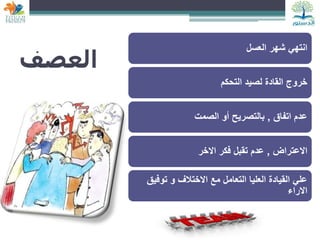 ‫العصف‬
‫العسل‬ ‫شهر‬ ‫انتهي‬
‫التحكم‬ ‫لصيد‬ ‫القادة‬ ‫خروج‬
‫اتفاق‬ ‫عدم‬
,
‫الصمت‬ ‫أو‬ ‫بالتصريح‬
‫االعتراض‬
,
‫االخر‬ ‫فكر‬ ‫تقبل‬ ‫عدم‬
‫توفيق‬ ‫و‬ ‫االختالف‬ ‫مع‬ ‫التعامل‬ ‫العليا‬ ‫القيادة‬ ‫علي‬
‫االراء‬
 