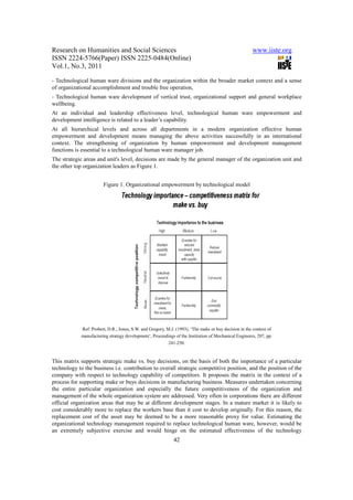 Research on Humanities and Social Sciences                                                             www.iiste.org
ISSN 2224-5766(Paper) ISSN 2225-0484(Online)
Vol.1, No.3, 2011

- Technological human ware divisions and the organization within the broader market context and a sense
of organizational accomplishment and trouble free operation,
- Technological human ware development of vertical trust, organizational support and general workplace
wellbeing.
At an individual and leadership effectiveness level, technological human ware empowerment and
development intelligence is related to a leader’s capability.
At all hierarchical levels and across all departments in a modern organization effective human
empowerment and development means managing the above activities successfully in an international
context. The strengthening of organization by human empowerment and development management
functions is essential to a technological human ware manager job.
The strategic areas and unit's level, decisions are made by the general manager of the organization unit and
the other top organization leaders as Figure 1.


                        Figure 1. Organizational empowerment by technological model




             Ref: Probert, D.R., Jones, S.W. and Gregory, M.J. (1993), ‘The make or buy decision in the context of
             manufacturing strategy development’, Proceedings of the Institution of Mechanical Engineers, 207, pp.
                                                           241-250.


This matrix supports strategic make vs. buy decisions, on the basis of both the importance of a particular
technology to the business i.e. contribution to overall strategic competitive position, and the position of the
company with respect to technology capability of competitors. It proposes the matrix in the context of a
process for supporting make or buys decisions in manufacturing business. Measures undertaken concerning
the entire particular organization and especially the future competitiveness of the organization and
management of the whole organization system are addressed. Very often in corporations there are different
official organization areas that may be at different development stages. In a mature market it is likely to
cost considerably more to replace the workers base than it cost to develop originally. For this reason, the
replacement cost of the asset may be deemed to be a more reasonable proxy for value. Estimating the
organizational technology management required to replace technological human ware, however, would be
an extremely subjective exercise and would hinge on the estimated effectiveness of the technology
                                                             42
 