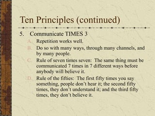 Ten Principles (continued)
5. Communicate TIMES 3
A. Repetition works well.
B. Do so with many ways, through many channels, and
by many people.
C. Rule of seven times seven: The same thing must be
communicated 7 times in 7 different ways before
anybody will believe it.
D. Rule of the fifties: The first fifty times you say
something, people don’t hear it; the second fifty
times, they don’t understand it; and the third fifty
times, they don’t believe it.
 