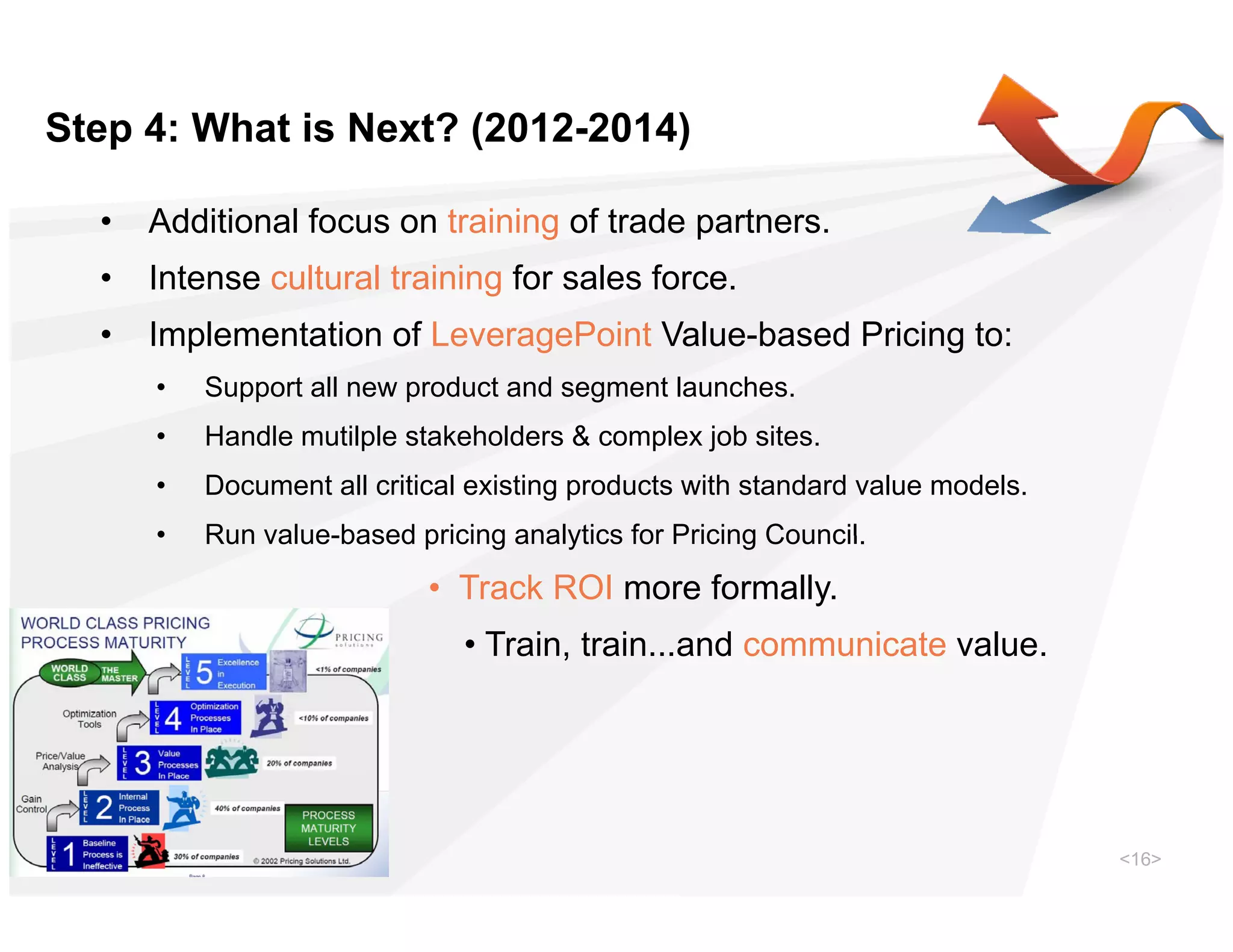 Step 4: What is Next? (2012-2014)

  •   Additional focus on training of trade partners.
  •   Intense cultural training for sales force.
                              g
  •   Implementation of LeveragePoint Value-based Pricing to:
      •   Support all new product and segment launches.
      •   Handle mutilple stakeholders & complex job sites.
      •   Document all critical existing products with standard value models.
      •   Run value-based pricing analytics for Pricing Council
                                                        Council.
                            • Track ROI more formally.
                               • Train, train...and communicate value.




                                                                                <16>
 