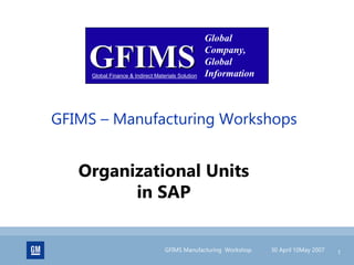 GFIMS Manufacturing Workshop 30 April 10May 2007 1
GFIMS – Manufacturing Workshops
GFIMS
Global
Company,
Global
Information
Global Finance & Indirect Materials Solution
Organizational Units
in SAP
 