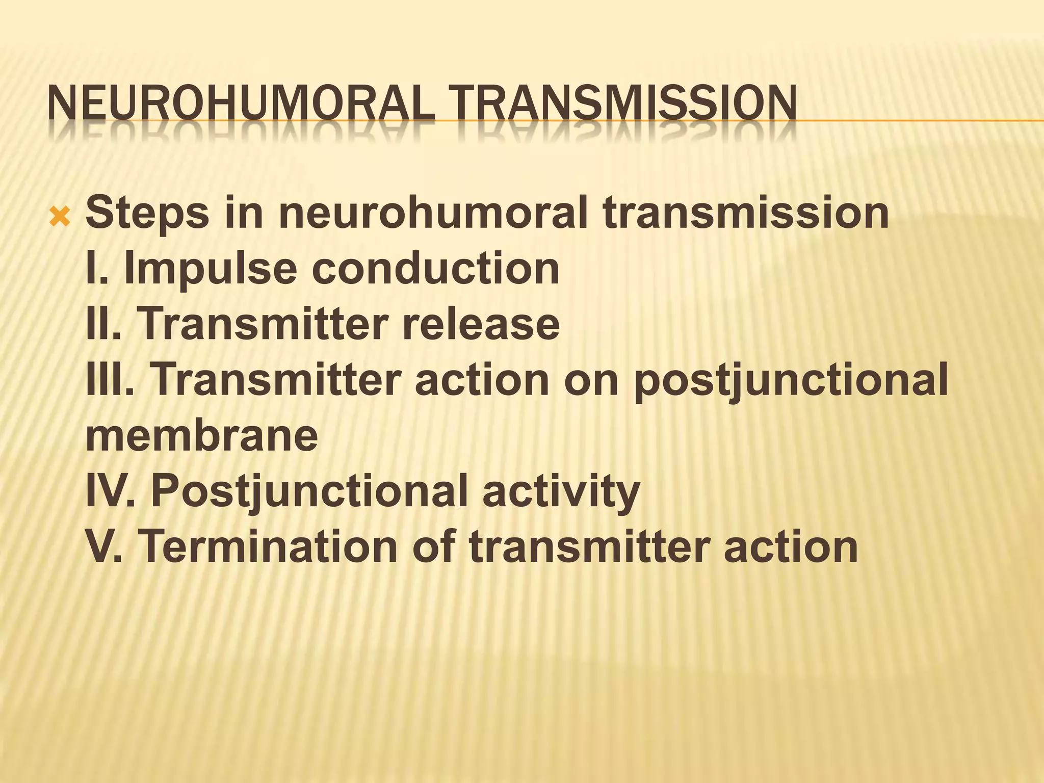 NEUROHUMORAL TRANSMISSION
 Steps in neurohumoral transmission
I. Impulse conduction
II. Transmitter release
III. Transmitter action on postjunctional
membrane
IV. Postjunctional activity
V. Termination of transmitter action
 