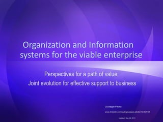 Organization and Information systems for
the viable enterprise
Perspectives for a path of value:
Joint evolution for effective support to business
Giuseppe Pilotto

Associated

www.leading.it
Updated December 9, 2013

 