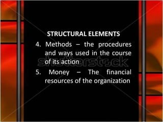 ORGANIZATION
    STRUCTURAL ELEMENTS
4. Methods – the procedures
   and ways used in the course
   of its action
5. Money – The financial
   resources of the organization
 