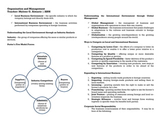 Organization and Management
Teacher: Mylene G. Almario | ABM
✓ Local Business Environment – the specific industry to which the
company belongs and directly deals with.
✓ International Business Environment – the business activities
performed by companies operating in foreign locations.
Understanding the Local Environment through an Industry Analysis
Industry – the group of companies offering the same or similar products or
services.
Porter’s Five Model Forces
Understanding the International Environment through Global
Management
✓ Global Management – the managemet of business and
organizations with operatons in more than one country.
✓ Global Business – the business environment that poses challenges
in adaptations to the cultures and business conudct in foreign
countries.
✓ Globalization – the growing interdependence to the growing
intedependence among people around the world.
Ways to Compete on Local and International Business
1. Competing by Lower Cost – the efforts of a company to lower its
production cost to enable it to offer a lower price relative to a
comepetitor.
2. Competing by Quality – offering unique or more desirable
features of a product or service.
3. Competing by Speed/Flexibility – faster delivery of the product r
service or quickly responsing to the needs of the customers.
4. Competing by Innovation – creating new products, new ways,or
new features of the products in order to be ahead of the
competition.
Expanding to International Business
1. Exporting - selling locally made products in foreign countries.
2. Importing –buying foreign-made products and selling them in
local markets.
3. Licensing – granting anotehr firm the right to make or sell the
former’s products, for a fee.
4. Franchising – granting another firms the rights to use the former’s
brand name and operating methods.
5. Joint Venture – pooling of resources among foreign and local co-
investors tooperate the business.
6. Strategic Alliances – involve local and foreign firms working
togetehr in specific ways tha benefits both parties.
Corporate Social Responsibility
- The business consciousness of their responsibility. It may be in
form of the following;
Industry Competitors
(rivalry among existing
firms)
Potentials
Entrants
(threat of
new
entrants)
Buyers
(bargaining
power of
buyers)
Substitutes
(threat of
substitute
prodcuts/se
rvcies)
Suppliers
(bargaining
power of
suppliers)
 