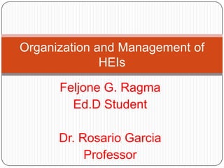 Organization and Management of
HEIs
Feljone G. Ragma
Ed.D Student

Dr. Rosario Garcia
Professor

 