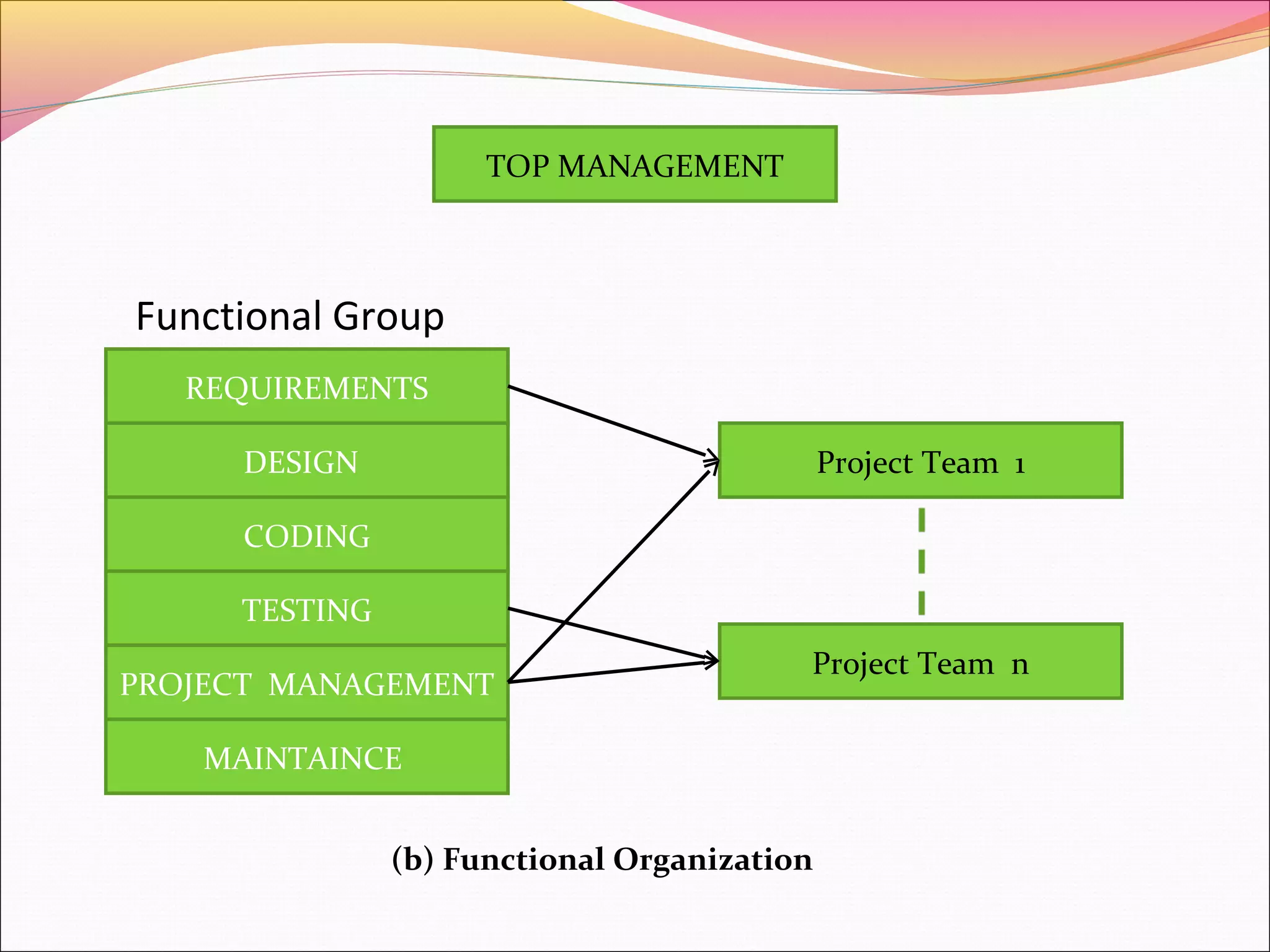 TOP MANAGEMENT

Functional Group
REQUIREMENTS
DESIGN

Project Team 1

CODING
TESTING
PROJECT MANAGEMENT

Project Team n

MAINTAINCE
(b) Functional Organization

 