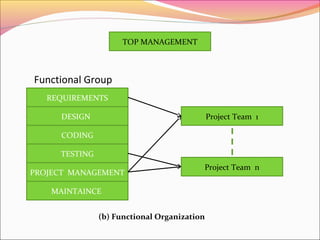 TOP MANAGEMENT

Functional Group
REQUIREMENTS
DESIGN

Project Team 1

CODING
TESTING
PROJECT MANAGEMENT

Project Team n

MAINTAINCE
(b) Functional Organization

 