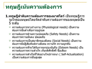 ทฤษฎีเน้นความต้องการ 1. ทฤษฎีลำดับความต้องการของมาสโลว์  เป็นทฤษฎีการจูงใจของมนุษย์โดยจัดลำดับความต้องการของมนุษย์เป็น  5  ระดับ ความต้องการทางร่างกาย  (Physiological needs)   เป็นความต้องการขั้นต่ำเพื่อการอยู่รอด ความต้องการด้านความปลอดภัย  (Safety Needs)   เป็นความต้องการความมั่นคง ปลอดภัย  ความต้องการเป็นสมาชิกของสังคม  (Social Needs)  เป็นความต้องการมีปฏิสัมพันธ์ทางสังคม ความรัก ความผูกพัน ความต้องการที่จะได้รับการยกย่องนับถือ  (Esteem Needs)  เป็นความต้องการความสำเร็จ เกียรติศักดิ์ศรี ชื่อเสียง ความต้องการสำเร็จที่ได้อย่างใจปรารถนา  ( Self-Actualization)  เป็นความต้องการขั้นสูงสุด 