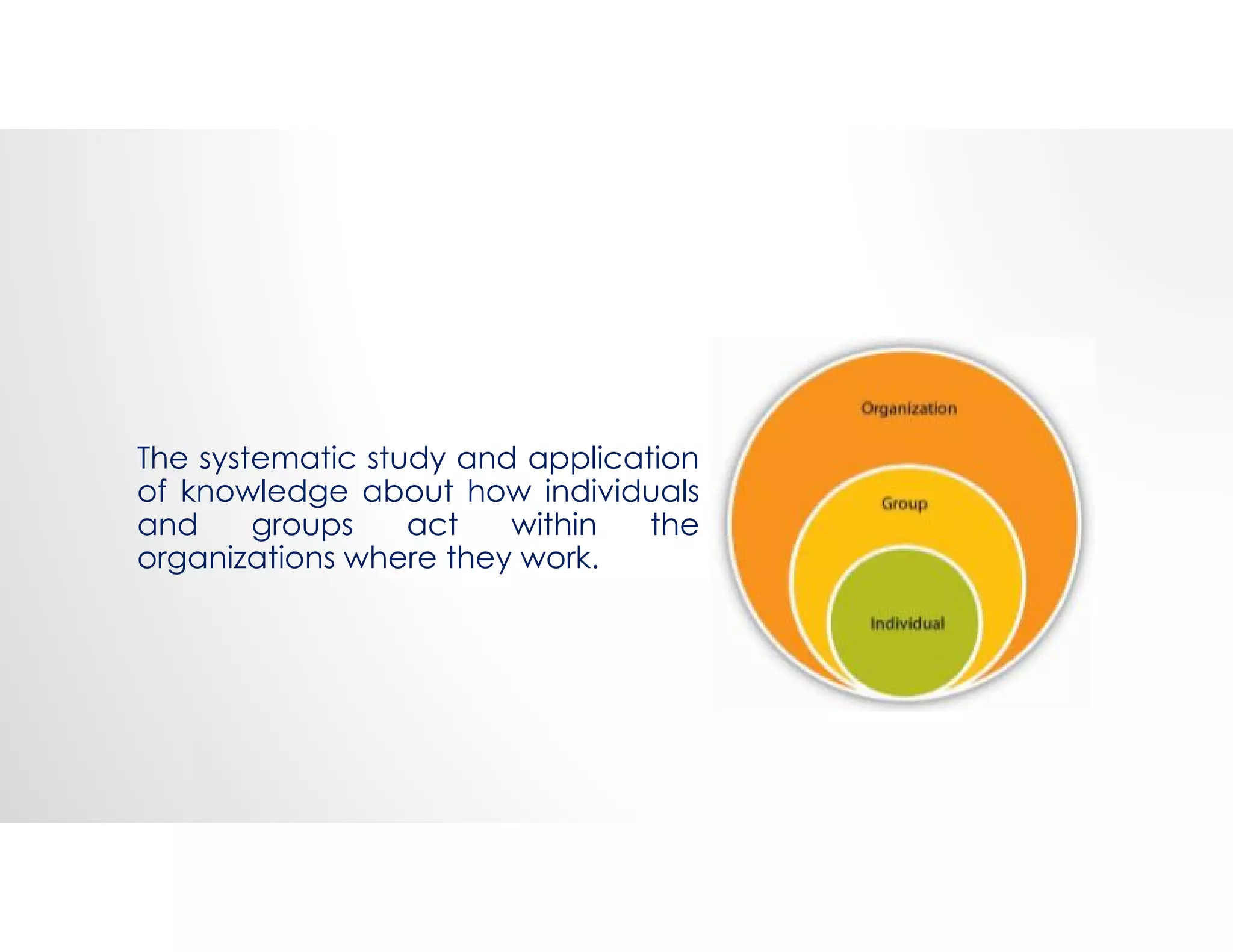 The systematic study and application
of knowledge about how individuals
and groups act within the
organizations where they work.
 