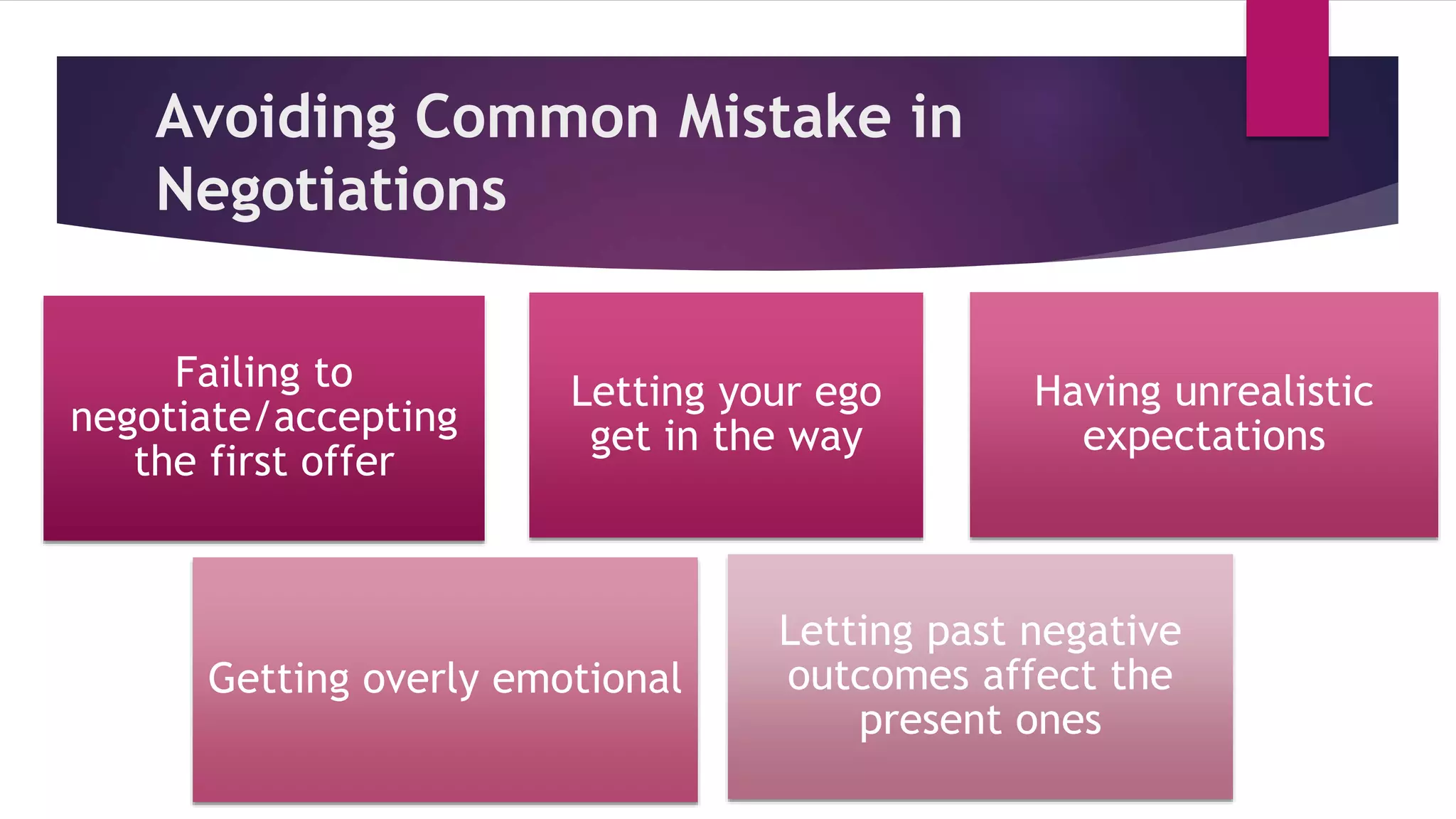 Avoiding Common Mistake in
Negotiations
Failing to
negotiate/accepting
the first offer
Letting your ego
get in the way
Having unrealistic
expectations
Getting overly emotional
Letting past negative
outcomes affect the
present ones
 