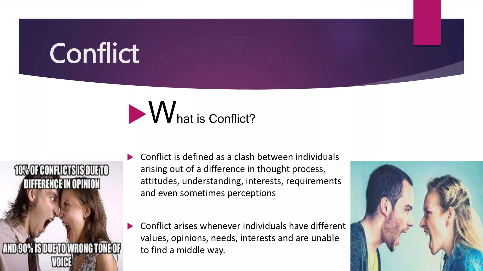 Conflict
What is Conflict?
 Conflict is defined as a clash between individuals
arising out of a difference in thought process,
attitudes, understanding, interests, requirements
and even sometimes perceptions
 Conflict arises whenever individuals have different
values, opinions, needs, interests and are unable
to find a middle way.
 