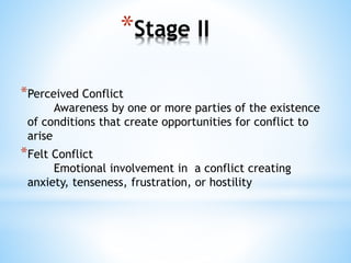 *Stage II
*Perceived Conflict
Awareness by one or more parties of the existence
of conditions that create opportunities for conflict to
arise
*Felt Conflict
Emotional involvement in a conflict creating
anxiety, tenseness, frustration, or hostility
 