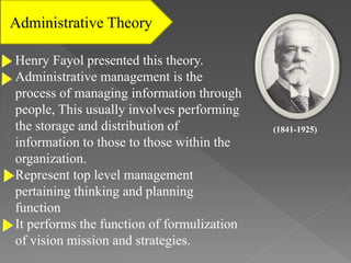 Administrative Theory
Henry Fayol presented this theory.
Administrative management is the
process of managing information through
people, This usually involves performing
the storage and distribution of
information to those to those within the
organization.
Represent top level management
pertaining thinking and planning
function
It performs the function of formulization
of vision mission and strategies.
(1841-1925)
 