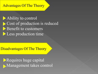 Ability to control
Cost of production is reduced
Benefit to customers
Less production time
Advantages Of The Theory
Disadvantages Of The Theory
Requires huge capital
Management takes control
 
