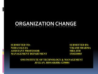 ORGANIZATION CHANGE
SUBMITTED TO: SUBMITTED BY:
NEHA SALUJA VIKASH SHARMA
ASSISTANT PROFESSOR MBA 4TH
MANAGEMENT DEPARTMENT 1510210003
OM INSTITUTE OF TECHNOLOGY & MANAGEMENT
JUGLAN, HISSAR(HR) 1250001
 