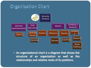 Gerente
General
Gerente
Administrativo
Cajero
Chef
Ejecutivo
Chef de
Partie
Commis
Maitre
Hostess Meseros
Runner
Barista
Commis
Limpiez
a
Steward
Áreas
Públicas
Compras y
Almacén