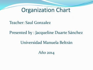 Organization Chart
Teacher: Saul Gonzalez
Presented by : Jacqueline Duarte Sánchez

Universidad Manuela Beltrán
Año 2014

 