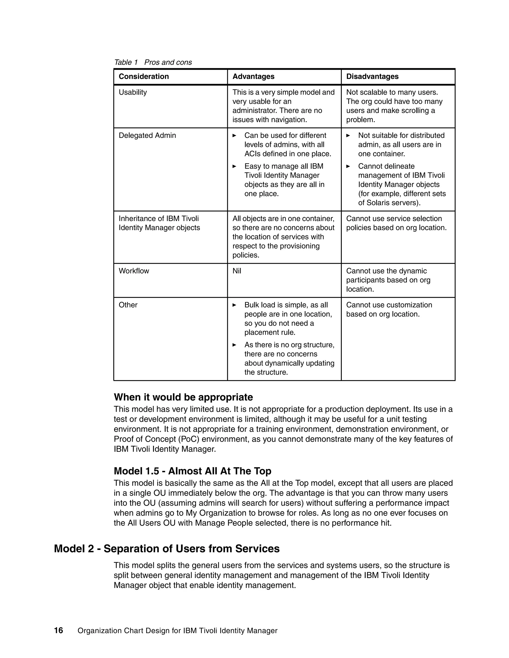 Table 1 Pros and cons
                Consideration                    Advantages                            Disadvantages

                Usability                        This is a very simple model and       Not scalable to many users.
                                                 very usable for an                    The org could have too many
                                                 administrator. There are no           users and make scrolling a
                                                 issues with navigation.               problem.

                Delegated Admin                        Can be used for different          Not suitable for distributed
                                                       levels of admins, with all         admin, as all users are in
                                                       ACIs defined in one place.         one container.
                                                       Easy to manage all IBM             Cannot delineate
                                                       Tivoli Identity Manager            management of IBM Tivoli
                                                       objects as they are all in         Identity Manager objects
                                                       one place.                         (for example, different sets
                                                                                          of Solaris servers).

                Inheritance of IBM Tivoli        All objects are in one container,     Cannot use service selection
                Identity Manager objects         so there are no concerns about        policies based on org location.
                                                 the location of services with
                                                 respect to the provisioning
                                                 policies.

                Workflow                         Nil                                   Cannot use the dynamic
                                                                                       participants based on org
                                                                                       location.

                Other                                  Bulk load is simple, as all     Cannot use customization
                                                       people are in one location,     based on org location.
                                                       so you do not need a
                                                       placement rule.
                                                       As there is no org structure,
                                                       there are no concerns
                                                       about dynamically updating
                                                       the structure.


               When it would be appropriate
               This model has very limited use. It is not appropriate for a production deployment. Its use in a
               test or development environment is limited, although it may be useful for a unit testing
               environment. It is not appropriate for a training environment, demonstration environment, or
               Proof of Concept (PoC) environment, as you cannot demonstrate many of the key features of
               IBM Tivoli Identity Manager.

               Model 1.5 - Almost All At The Top
               This model is basically the same as the All at the Top model, except that all users are placed
               in a single OU immediately below the org. The advantage is that you can throw many users
               into the OU (assuming admins will search for users) without suffering a performance impact
               when admins go to My Organization to browse for roles. As long as no one ever focuses on
               the All Users OU with Manage People selected, there is no performance hit.


Model 2 - Separation of Users from Services
               This model splits the general users from the services and systems users, so the structure is
               split between general identity management and management of the IBM Tivoli Identity
               Manager object that enable identity management.




16   Organization Chart Design for IBM Tivoli Identity Manager
 