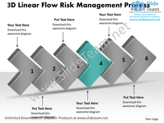 3D Linear Flow Risk Management Process
                                                                    Your Text Here
                                   Put Text Here                    Download this
                                  Download this                     awesome diagram
Your Text Here
Download this                     awesome diagram
awesome diagram




                                                                                      Put Text Here
                                                   Your Text Here                    Download this
                                                                                     awesome diagram
                  Put Text Here                     Download this
                 Download this                      awesome diagram
                 awesome diagram
                                                                                                      Your Logo
 