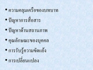 • ความคลุมเครือของบทบาท
• ปัญหาการสื่อสาร
• ปัญหาด้านสถานภาพ
• คุณลักษณะของบุคคล
• การรับรู้ความขัดแย้ง
• การเปลี่ยนแปลง
 