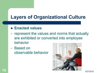 Layers of Organizational Culture
 Enacted values
− represent the values and norms that actually
are exhibited or converted into employee
behavior
− Based on
observable behavior
4/27/201615
 