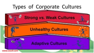 Types of Corporate Cultures
Strong vs. Weak Cultures
Unhealthy Cultures
Adaptive Cultures
www.seas9.com
 