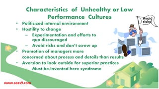 Characteristics of Unhealthy or Low
Performance Cultures
• Politicized internal environment
• Hostility to change
– Experimentation and efforts to alter status
quo discouraged
– Avoid risks and don’t screw up
• Promotion of managers more
concerned about process and details than results
• Aversion to look outside for superior practices
– Must-be-invented here syndrome
Avoid
risks!
www.seas9.com
 