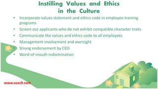 • Incorporate values statement and ethics code in employee training
programs
• Screen out applicants who do not exhibit compatible character traits
• Communicate the values and ethics code to all employees
• Management involvement and oversight
• Strong endorsement by CEO
• Word-of-mouth indoctrination
Instilling Values and Ethics
in the Culture
www.seas9.com
 