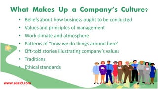 What Makes Up a Company’s Culture?
• Beliefs about how business ought to be conducted
• Values and principles of management
• Work climate and atmosphere
• Patterns of “how we do things around here”
• Oft-told stories illustrating company’s values
• Traditions
• Ethical standards
www.seas9.com
 