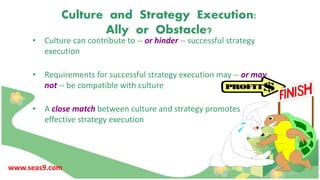 Culture and Strategy Execution:
Ally or Obstacle?
• Culture can contribute to -- or hinder -- successful strategy
execution
• Requirements for successful strategy execution may -- or may
not -- be compatible with culture
• A close match between culture and strategy promotes
effective strategy execution
www.seas9.com
 