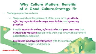 Why Culture Matters: Benefits
of a Good Culture-Strategy Fit
• Strategy-supportive cultures
– Shape mood and temperament of the work force, positively
affecting organizational energy, work habits, and operating
practices
– Provide standards, values, informal rules and peer pressures that
nurture and motivate people to do their jobs in ways that promote
good strategy execution
– Strengthen employee identification with the company, its
performance targets, and strategy
www.seas9.com
 