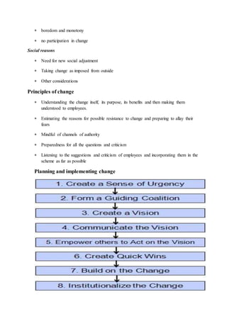  boredom and monotony
 no participation in change
Social reasons
 Need for new social adjustment
 Taking change as imposed from outside
 Other considerations
Principles of change
 Understanding the change itself, its purpose, its benefits and then making them
understood to employees.
 Estimating the reasons for possible resistance to change and preparing to allay their
fears
 Mindful of channels of authority
 Preparedness for all the questions and criticism
 Listening to the suggestions and criticism of employees and incorporating them in the
scheme as far as possible
Planning and implementing change
 