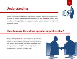 Understanding
Lack of understanding the proposed organization culture will take us in a wrong direction,
to adopt we need to comprehend, to be proposeful we need realization, so if the team
members in the organization do not quite grasp the culture, confusion will reign and
apathy will growth.
How to make the culture speech comprehensible?
Simple: With Simplicity. The less elements in the culture's
speech the less difficult to understand, the more attractive
and the best results gained. Priorization, remove the unne-
cesary and allow a direct line between organization mem-
bers and culture promotors is the way to go.
15
 
