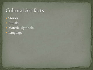 Stories
 Rituals
 Material Symbols
 Language
 