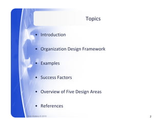 Topics

       • Introduction

       • Organization Design Framework

       • Examples

       • Success Factors

       • Overview of Five Design Areas

       • References
Rick Walters © 2010                      2
 