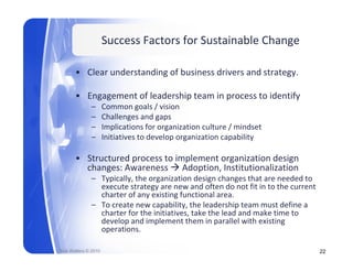 Success Factors for Sustainable Change

       • Clear understanding of business drivers and strategy.

       • Engagement of leadership team in process to identify
              –       Common goals / vision
              –       Challenges and gaps
                      Challenges and gaps
              –       Implications for organization culture / mindset
              –       Initiatives to develop organization capability

       • Structured process to implement organization design 
         changes: Awareness  Adoption, Institutionalization
              – Typically, the organization design changes that are needed to 
                execute strategy are new and often do not fit in to the current 
                execute strategy are new and often do not fit in to the current
                charter of any existing functional area.
              – To create new capability, the leadership team must define a 
                charter for the initiatives, take the lead and make time to 
                develop and implement them in parallel with existing 
                develop and implement them in parallel with existing
                operations. 

Rick Walters © 2010                                                                22
 