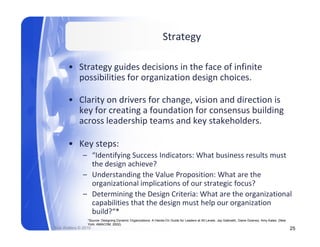 Strategy

       • Strategy guides decisions in the face of infinite 
         possibilities for organization design choices.
         possibilities for organization design choices

       • Clarity on drivers for change, vision and direction is 
         key for creating a foundation for consensus building 
         k f         ti     f    d ti f                b ildi
         across leadership teams and key stakeholders.

       • Key steps:
              – “Identifying Success Indicators: What business results must 
                the design achieve? 
              – Understanding the Value Proposition: What are the 
                organizational implications of our strategic focus? 
              – Determining the Design Criteria: What are the organizational 
                capabilities that the design must help our organization 
                     biliti th t th d i          th l            i ti
                build?“*
                 *Source: Designing Dynamic Organizations: A Hands-On Guide for Leaders at All Levels. Jay Galbraith, Diane Downey, Amy Kates. (New
                 York: AMACOM, 2002).
Rick Walters © 2010                                                                                                                                   25
 