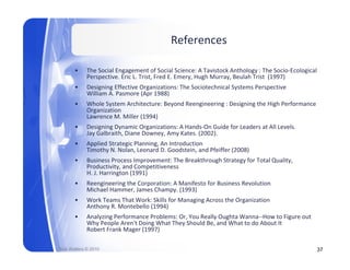 References

       •     The Social Engagement of Social Science: A Tavistock Anthology : The Socio‐Ecological 
             Perspective. Eric L. Trist, Fred E. Emery, Hugh Murray, Beulah Trist  (1997)
       •     Designing Effective Organizations: The Sociotechnical Systems Perspective
             William A. Pasmore (Apr 1988)
       •     Whole System Architecture: Beyond Reengineering : Designing the High Performance 
             Organization
             Lawrence M. Miller (1994)
             Lawrence M. Miller (1994)
       •     Designing Dynamic Organizations: A Hands‐On Guide for Leaders at All Levels. 
             Jay Galbraith, Diane Downey, Amy Kates. (2002).
       •     Applied Strategic Planning, An Introduction
             Timothy N. Nolan, eonard . Goodstein, and Pfeiffer ( 008)
             Timothy N. Nolan, Leonard D. Goodstein, and Pfeiffer (2008)
       •     Business Process Improvement: The Breakthrough Strategy for Total Quality, 
             Productivity, and Competitiveness
             H. J. Harrington (1991)
       •     Reengineering the Corporation: A Manifesto for Business Revolution  
                 g       g        p
             Michael Hammer, James Champy. (1993)
       •     Work Teams That Work: Skills for Managing Across the Organization 
             Anthony R. Montebello (1994)
       •     Analyzing Performance Problems: Or, You Really Oughta Wanna‐‐How to Figure out 
             Why People Aren't Doing What They Should Be, and What to do About It
             Robert Frank Mager (1997)

Rick Walters © 2010                                                                               37
 