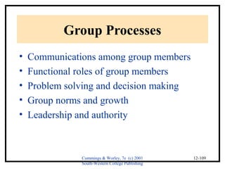 Cummings & Worley, 7e (c) 2001 
South-Western College Publishing 
12-109 
Group Processes 
• Communications among group members 
• Functional roles of group members 
• Problem solving and decision making 
• Group norms and growth 
• Leadership and authority 
 